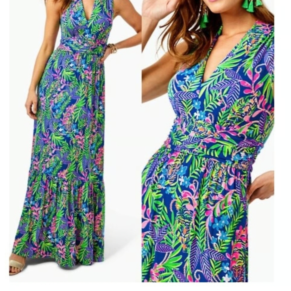Lilly Pulitzer Tropical Blue and Pink Maxi Dress